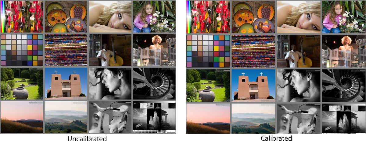 A grid of photographs of various subjects shows the before and after of a monitor calibration tool. 