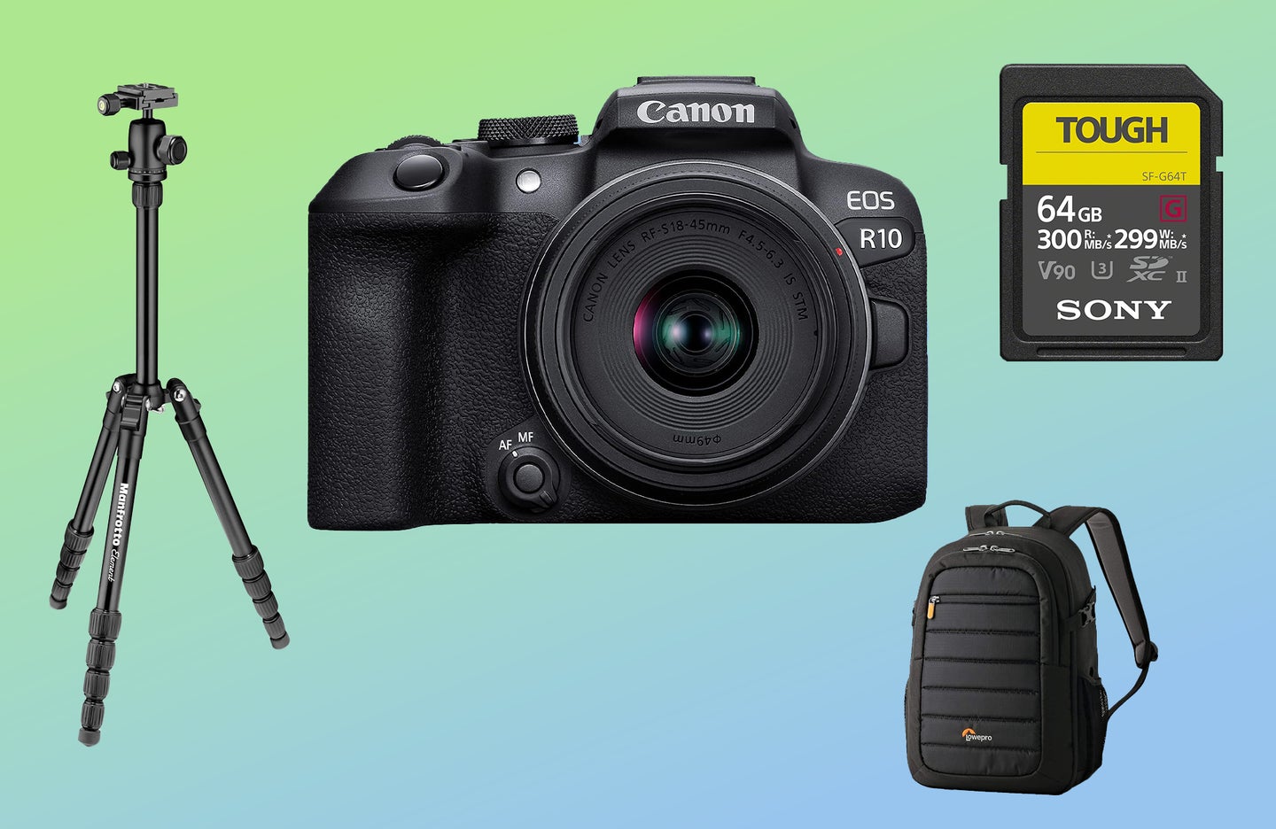 A camera, tripod, camera bag, and memory card against a blue background